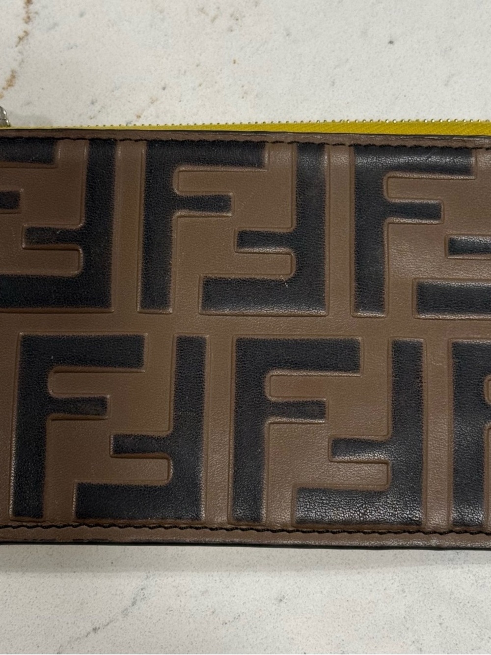 Fendi Brown and Black Embossed FF Leather Zip Card Pouch with Yellow Trim